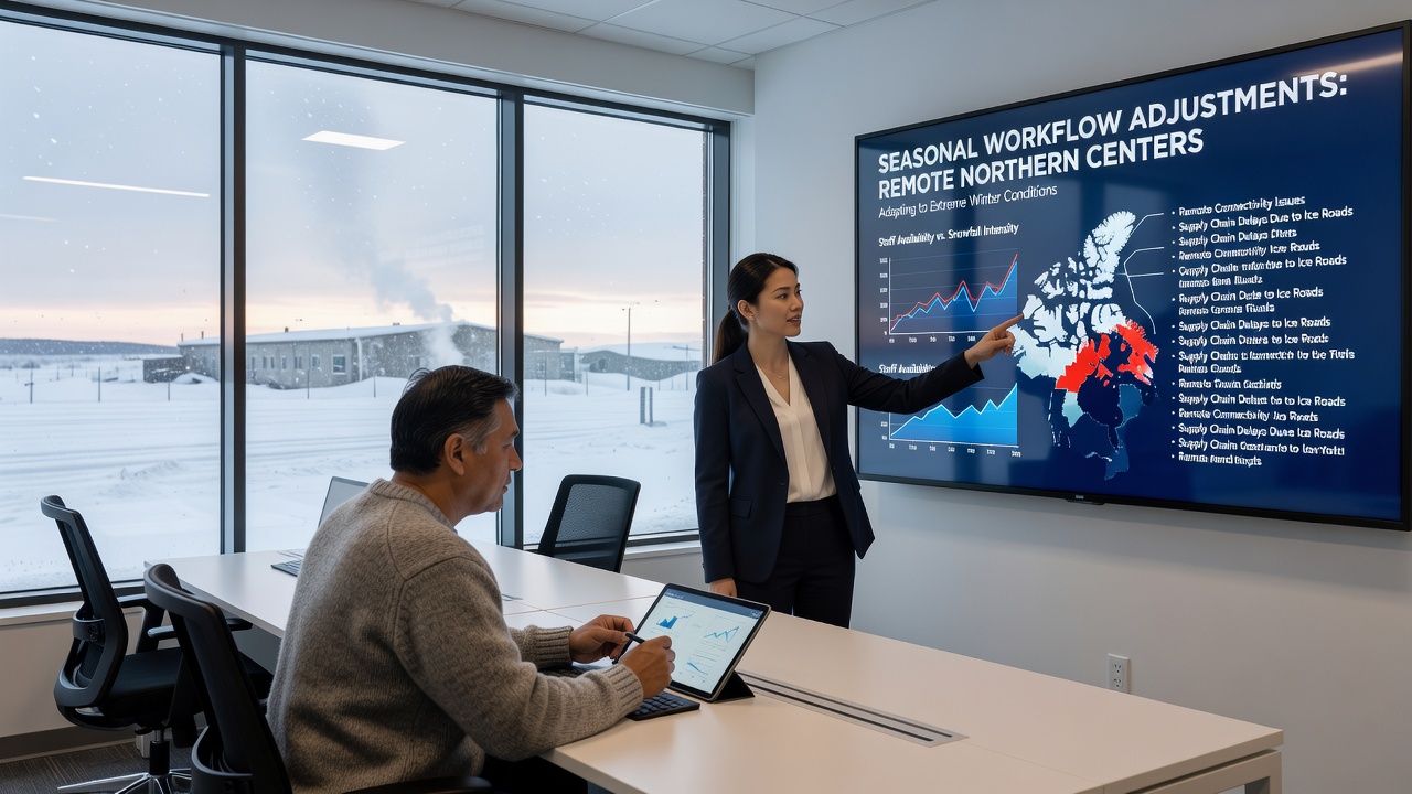 Administrative staff in a northern office using digital tools during reduced daylight hours with winter equipment visible
